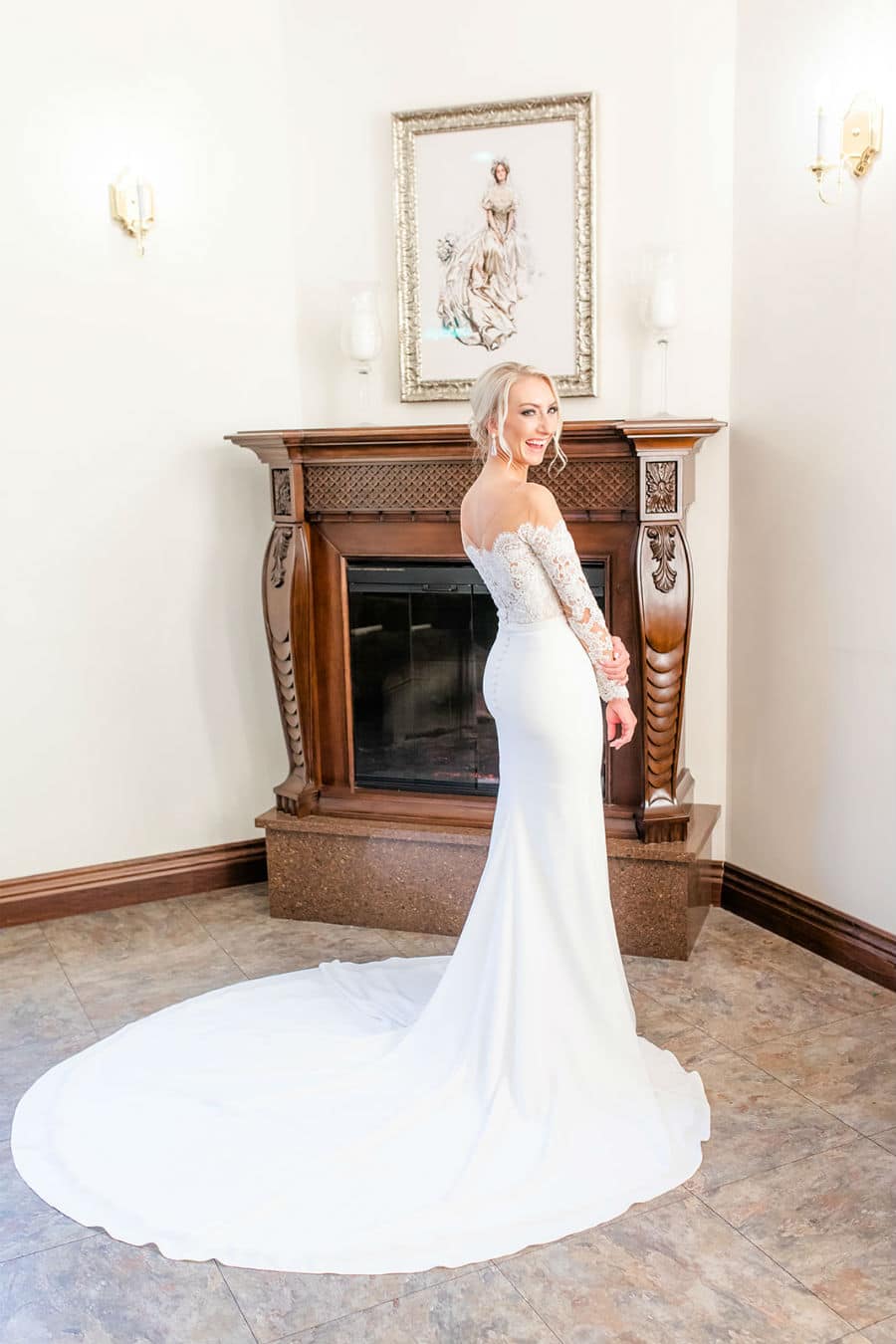 The bride in her long, white dress