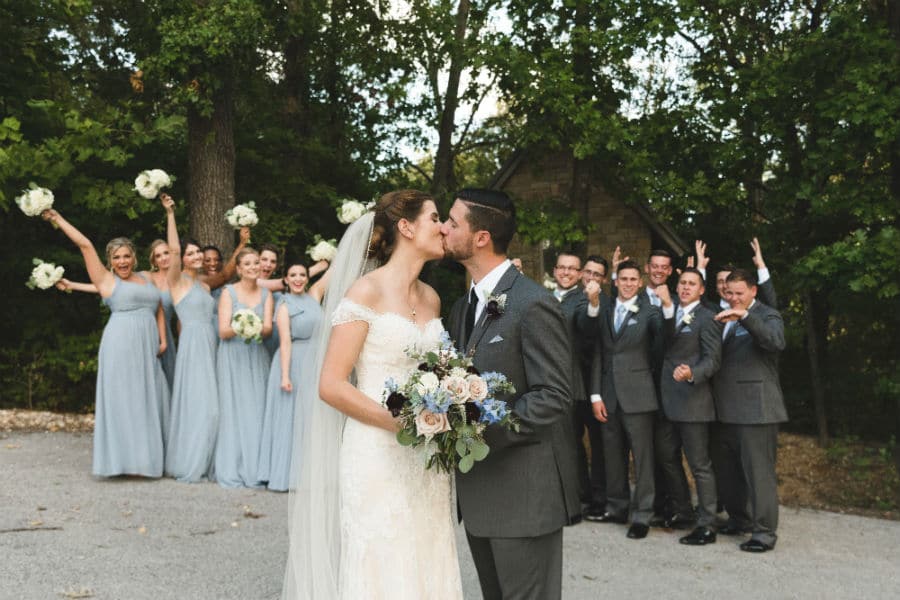 Bride's and groom's first married kiss