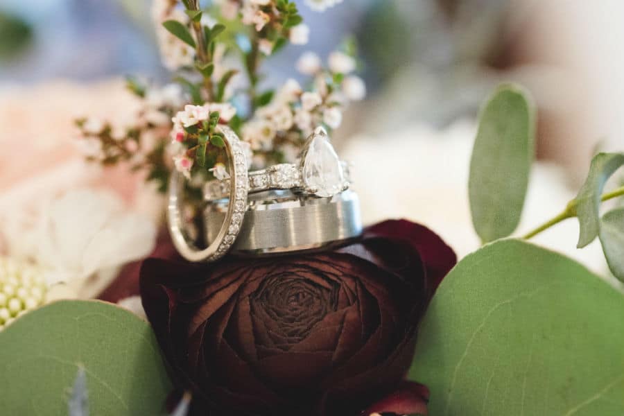 Wedding rings near flowers