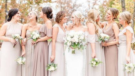 Bride with Bridesmaids outdoors in fall